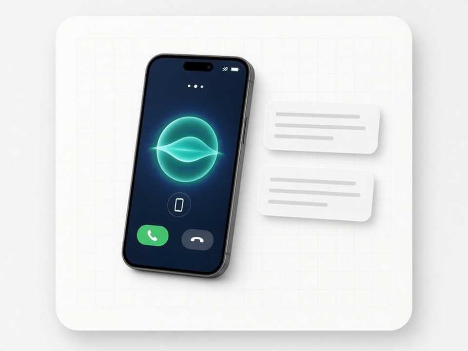 Illustration of a phone showing an incoming call answered by an AI voice agent