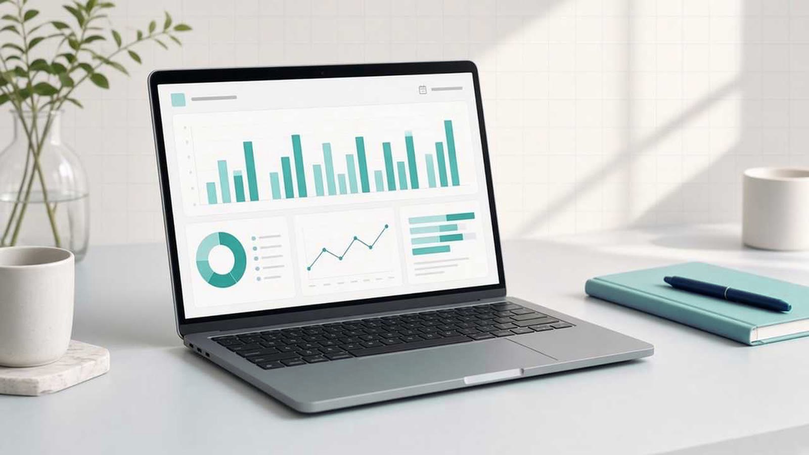 Illustration of a laptop showing a weekly report dashboard